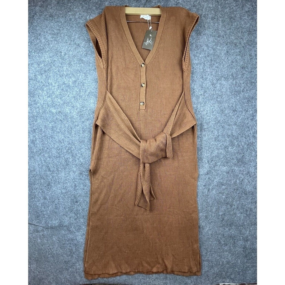 Anthropologie Mable Sweater Dress Womens Large Tan Wrap Tie Waist Lagenlook Slit